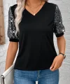 Kadın Kısa Kollu V Yakalı Pul Payet Detaylı Viskon Bluz