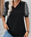 Kadın Kısa Kollu V Yakalı Pul Payet Detaylı Viskon Bluz