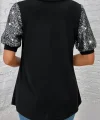 Kadın Kısa Kollu V Yakalı Pul Payet Detaylı Viskon Bluz