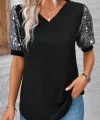 Kadın Kısa Kollu V Yakalı Pul Payet Detaylı Viskon Bluz