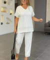 Kadın Kısa Kollu V Yakalı Pul Payetli Viskon Iki Iplik Bluz Ve Pantolon Ikili Takım