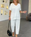 Kadın Kısa Kollu V Yakalı Pul Payetli Viskon Iki Iplik Bluz Ve Pantolon Ikili Takım