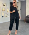 Kadın Kısa Kollu V Yakalı Pul Payetli Viskon Iki Iplik Bluz Ve Pantolon Ikili Takım