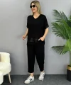 Kadın Kısa Kollu V Yakalı Pul Payetli Viskon Iki Iplik Bluz Ve Pantolon Ikili Takım