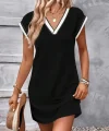 Kadın Kısa Kollu V Yakalı Ribanalı Modal Mini Elbise