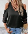 Kadın Kısa Kollu V Yakalı Soğuk Omuz Kolda Ip Detaylı Kolda şifon Tül Detaylı Janjan Krep Bluz