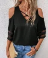 Kadın Kısa Kollu V Yakalı Soğuk Omuz Kolda Ip Detaylı Kolda şifon Tül Detaylı Janjan Krep Bluz