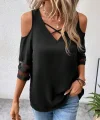 Kadın Kısa Kollu V Yakalı Soğuk Omuz Kolda Ip Detaylı Kolda şifon Tül Detaylı Janjan Krep Bluz