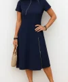 Kadın Kısa Kollu Yakadan Ve Etekten Fermuarlı Midi Viskon Iki Iplik Elbise