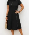 Kadın Kısa Kollu Yakadan Ve Etekten Fermuarlı Midi Viskon Iki Iplik Elbise