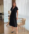 Kadın Kısa Kollu Yakadan Ve Etekten Fermuarlı Midi Viskon Iki Iplik Elbise