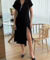 Kadın Kısa Kollu Yakadan Ve Etekten Fermuarlı Midi Viskon Iki Iplik Elbise