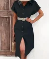 Kadın Kısa Kollu Yakalı Düğme Detay Midi Dokuma Elbise