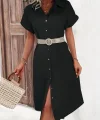 Kadın Kısa Kollu Yakalı Düğme Detay Midi Dokuma Elbise