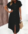 Kadın Kısa Kollu Yakalı Düğme Detay Midi Dokuma Elbise