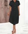 Kadın Kısa Kollu Yakalı Düğme Detay Midi Dokuma Elbise