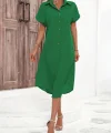 Kadın Kısa Kollu Yakalı Düğme Detay Midi Dokuma Elbise