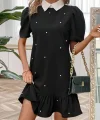 Kadın Kısa Kollu Yakalı Inci Detaylı Kısa Ithal Krep Elbise
