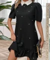 Kadın Kısa Kollu Yakalı Inci Detaylı Kısa Ithal Krep Elbise