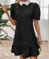 Kadın Kısa Kollu Yakalı Inci Detaylı Kısa Ithal Krep Elbise