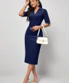 Kadın Kısa Kollu Yakalı Kruvaze Yakalı Beli Kemerli Midi Modal Elbise