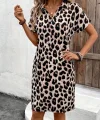 Kadın Kısa Kollu Yakalı Leopar Desenli Süprem Elbise