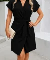Kadın Kısa Kollu Yakalı Yandan Bağlamalı Dokuma Elbise