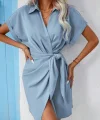 Kadın Kısa Kollu Yakalı Yandan Bağlamalı Dokuma Elbise