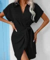 Kadın Kısa Kollu Yakalı Yandan Bağlamalı Dokuma Elbise