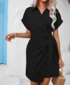 Kadın Kısa Kollu Yakalı Yandan Bağlamalı Dokuma Elbise