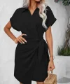 Kadın Kısa Kollu Yakalı Yandan Bağlamalı Dokuma Elbise