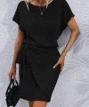 Kadın Kısa Kollu Yakası Açık Belden Lastikli Yandan Bağlamalı Kalın Fitilli Kaşkorse Elbise
