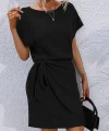 Kadın Kısa Kollu Yakası Açık Belden Lastikli Yandan Bağlamalı Kalın Fitilli Kaşkorse Elbise