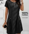 Kadın Kısa Kollu Yakası Açık Fermuarlı Cep Detaylı Ithal Keten Elbise