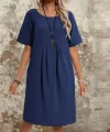 Kadın Kısa Kollu Yakası Açık önden Büzgülü Cep Detaylı Viskon Iki Iplik Elbise