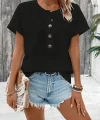 Kadın Kısa Kollu Yakası Açık önden Düğmeli Waffle Bluz