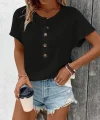 Kadın Kısa Kollu Yakası Açık önden Düğmeli Waffle Bluz