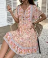Kadın Kısa Kollu Yakası Bağcıklı önden Düğmeli Fırfır Desenli Süprem Elbise