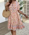 Kadın Kısa Kollu Yakası Bağcıklı önden Düğmeli Fırfır Desenli Süprem Elbise