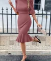 Kadın Kısa Kollu Yarı Balıkçı Yakalı Etek Ucu Fırfırlı Midi Ithal Krep Elbise
