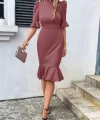 Kadın Kısa Kollu Yarı Balıkçı Yakalı Etek Ucu Fırfırlı Midi Ithal Krep Elbise