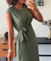 Kadın Kısa Kollu Yuvarlak Yaka Belden Bağcıklı önden Yırtmaçlı Aerobin Elbise