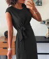 Kadın Kısa Kollu Yuvarlak Yaka Belden Bağcıklı önden Yırtmaçlı Aerobin Elbise