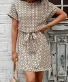 Kadın Kısa Kollu Yuvarlak Yaka Beli Kuşaklı Geometrik Desenli Süprem Elbise