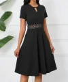 Kadın Kısa Kollu Yuvarlak Yaka Damla Detaylı Janjan Elbise