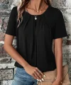 Kadın Kısa Kollu Yuvarlak Yaka önden Pileli Salaş Viskon Bluz