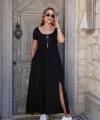 Kadın Kısa Kollu Yuvarlak Yaka önden Yırtmaçlı Cepli Viskon Uzun Elbise