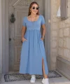 Kadın Kısa Kollu Yuvarlak Yaka önden Yırtmaçlı Cepli Viskon Uzun Elbise