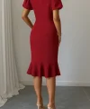 Kadın Kısa Kollu Yuvarlak Yaka Pileli Janjan Krep Elbise