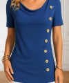 Kadın Kısa Kollu Yuvarlak Yaka Yandan Düğmeli Viskon Bluz